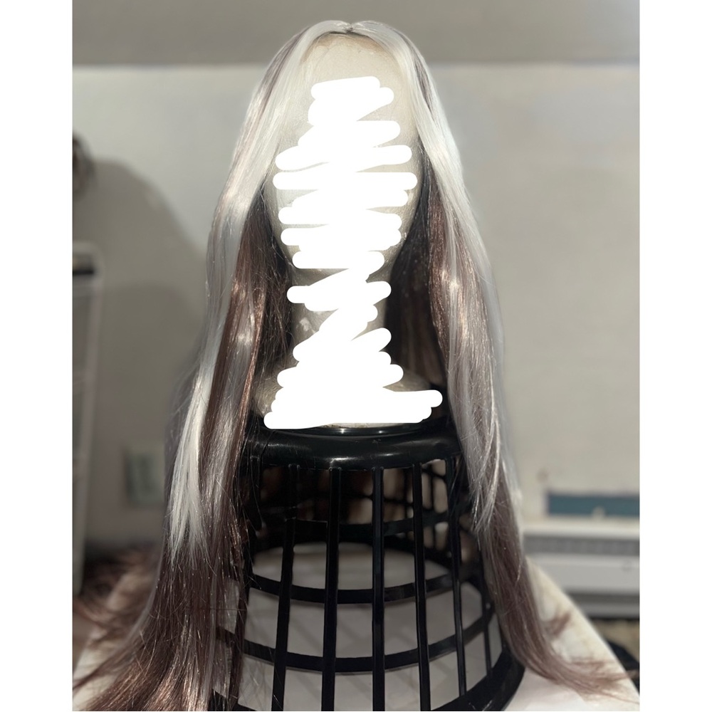 Long Straight Two-Tone Wig - Silver & Brown - Picture 4 of 8